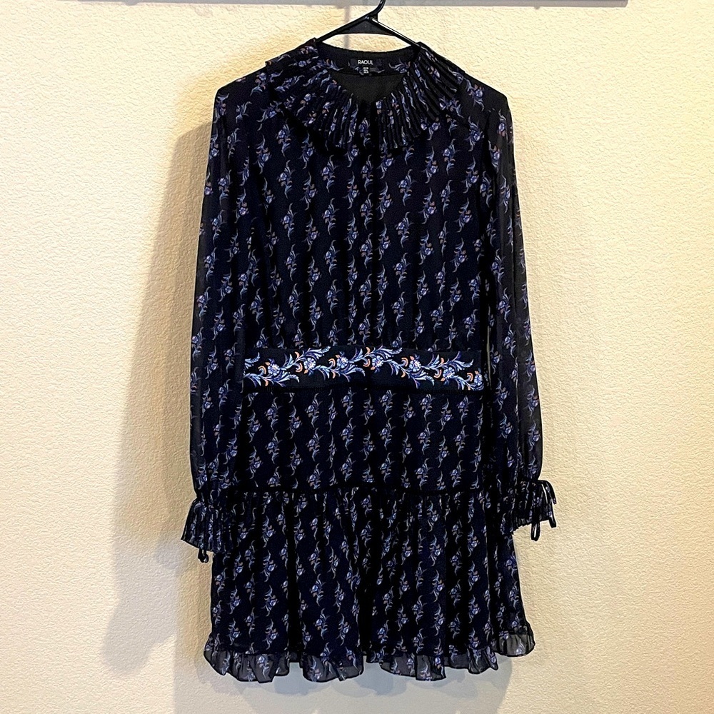 Raoul Paisley Shaza Dress 6 Dark Floral Mini Dress Pleated Collar Wedding Guest - Picture 2 of 16